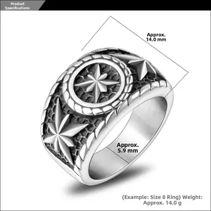 Detailed view of punk star ring with measurements 14mm width and 5.9mm thickness