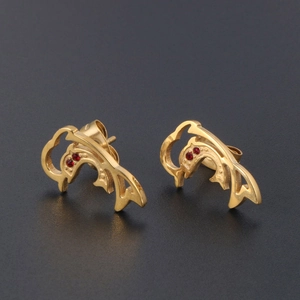 Elegant 18K gold plated dolphin stud earrings with red rhinestone eyes for women