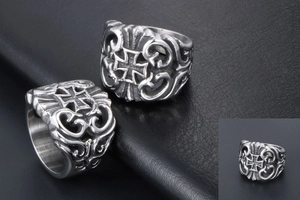 Gothic punk style rings featuring cross emblems and floral relief on black leather