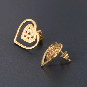18K gold plated titanium steel double heart stud earrings with red zirconia stones