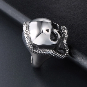 Skull and snake stainless steel ring for men with punk rock gothic design on black leather