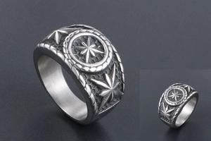 Detailed view of retro silver compass star engraving on a men's wide punk ring band