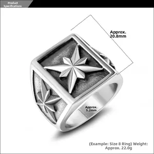 Macro detail of titanium steel square ring showing 20.8mm face height and engraved star