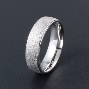 Polished silver stainless steel ring with a frosted sandblast finish on black background