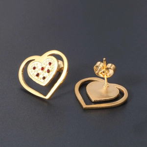 18K gold plated titanium steel double heart stud earrings with sparkling red crystals