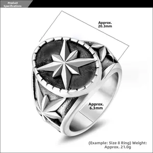 Détail macro de la bague sigillaire étoile vintage, diamètre 20,3 mm et poids 21,0 g
