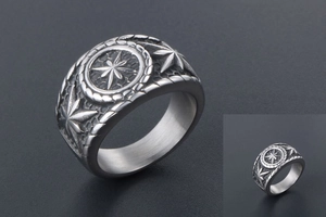 Detailed relief of vintage octagonal star pattern on a retro punk style metal ring
