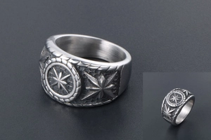 Detail shot of vintage stainless steel octagonal star ring with embossed side texture
