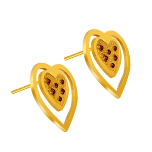 18K gold plated titanium steel heart stud earrings with red crystals and frosted finish