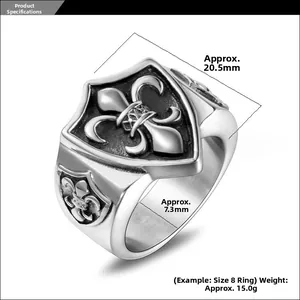 Vue détaillée de la bague bouclier fleur de lys montrant les dimensions de 20,5 mm