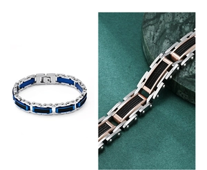 Détails d'un bracelet industriel en acier inoxydable pour homme avec inserts en carbone