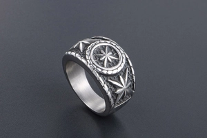 Detailed macro view of retro punk octagonal star ring with vintage textured finish
