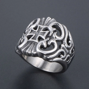 Retro hollowed-out titanium steel cross ring with vintage engraved patterns in silver finish