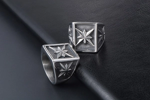 Detailed close-up of vintage stainless steel rings with octagonal star embossing