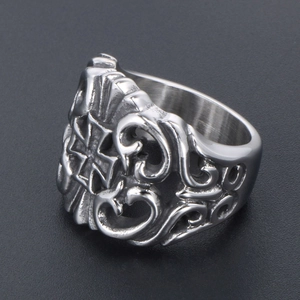 Vintage punk silver stainless steel ring featuring a Maltese cross and hollow scroll pattern