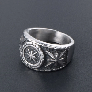 Retro punk octagram star ring for men in oxidized silver stainless steel finish