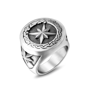 Vintage stainless steel signet ring for men featuring an engraved eight-pointed star