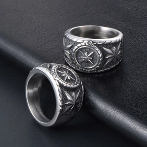 Vintage octagonal star compass rings in antique silver finish for a punk rock style