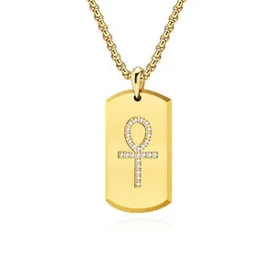 Stainless Steel Ankh Cross Pendant Necklace For Men Rhinestone Inlaid Hip Hop Egyptian Dog Tag Jewelry Brushed Metal Finish