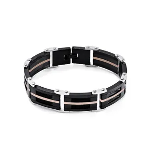 Bracelet Homme Industriel en Acier Inoxydable avec Câble Métallique Bicolore Noir Or Bleu Multicouche Incrusté Punk Bijoux Mode