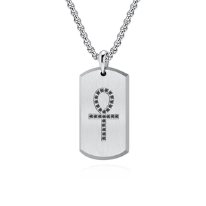 Brushed stainless steel Ankh pendant necklace with micro-pave black zircon stones