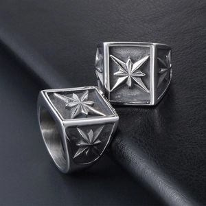 Men's retro stainless steel square ring featuring a 3D star compass relief design