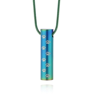 Rainbow gradient stainless steel pet cremation cylinder pendant with paw prints and chain