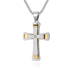 Pendentif croix bicolore en acier inoxydable serti de pierres avec chaîne vénitienne