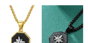 Detail of octagonal pendant with silver starburst on gold and black chain necklaces