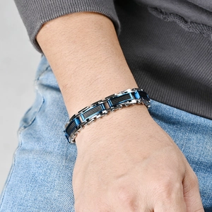 Bracelet pour homme style industriel en acier inoxydable argenté, bleu et noir chic