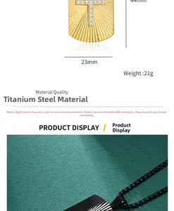 Detailed specs of the T-shaped titanium steel pendant with stone inlay in gold and black
