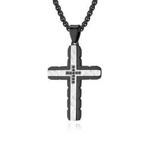 Collana Con Ciondolo A Croce In Acciaio Inossidabile Da Uomo Texture Martellata Strass Intarsiato Gioielli Punk Religiosi Bicolore