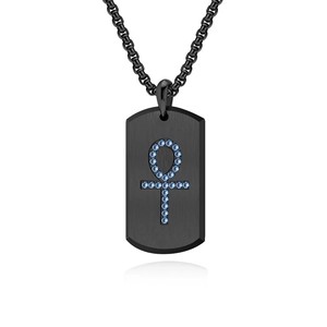 Black brushed steel dog tag necklace featuring a blue crystal Ankh symbol with reflection