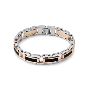 Bracelet pour hommes en acier industriel, tons argent et or rose avec inserts carbone