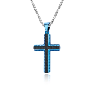 Collier pendentif croix en acier inoxydable bleu et noir avec texture fibre de carbone