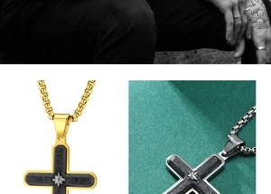 Close-up of forged carbon fiber cross pendant with diamond star and heavy link chain