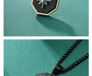 Detailed view of an octagonal star pendant with black carbon fiber and box chain
