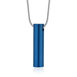 Minimalist blue brushed stainless steel cylinder cremation urn pendant with silver snake chain
