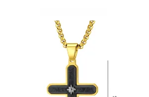 Detailed size chart of gold and carbon fiber cross pendant measuring 40mm by 26mm