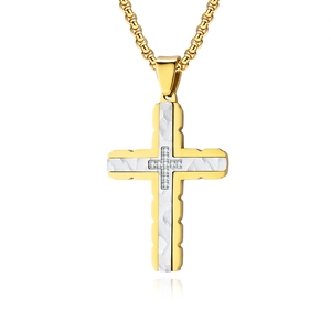 Collana con croce bicolore in acciaio inossidabile con texture martellata e zirconi