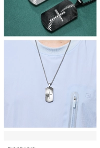 Detail view of CNC engraved fan texture military tag pendant with cross stone inlay