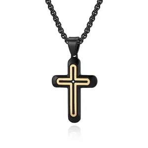 Stainless Steel Cross Pendant Necklace Black Gold Rhinestone Inlay Religious Jewelry With Artificial Pearl Chain For Men