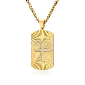 Stainless Steel Sunburst Cross Dog Tag Pendant Necklace Rhinestone Inlaid Fashion Jewelry For Men Women Daily Commute