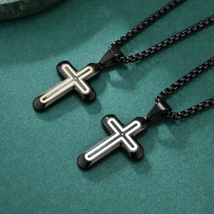 Cross pendant necklaces in black and gold or silver finishes with stainless steel box chains