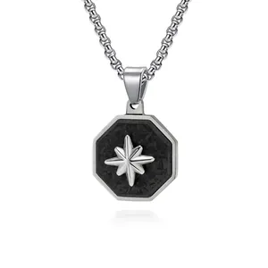 Men Octagonal Compass Star Pendant Necklace Stainless Steel Carbon Fiber Texture Retro Punk Hip Hop Fashion Jewelry For Men