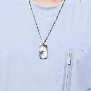 Polished stainless steel rectangular dog tag necklace with radial pattern and cross