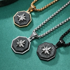 Men's octagon star compass necklaces in gold silver and black with carbon fiber inlays