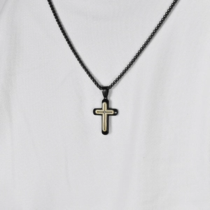 Cross pendant necklace with black bead chain and gold-inlaid crystal cross charm