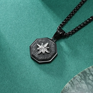 Men's octagon pendant necklace featuring carbon fiber texture and silver star inlay