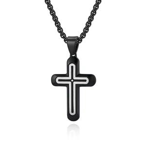 Black stainless steel cross pendant necklace with silver inlay and zircon stone